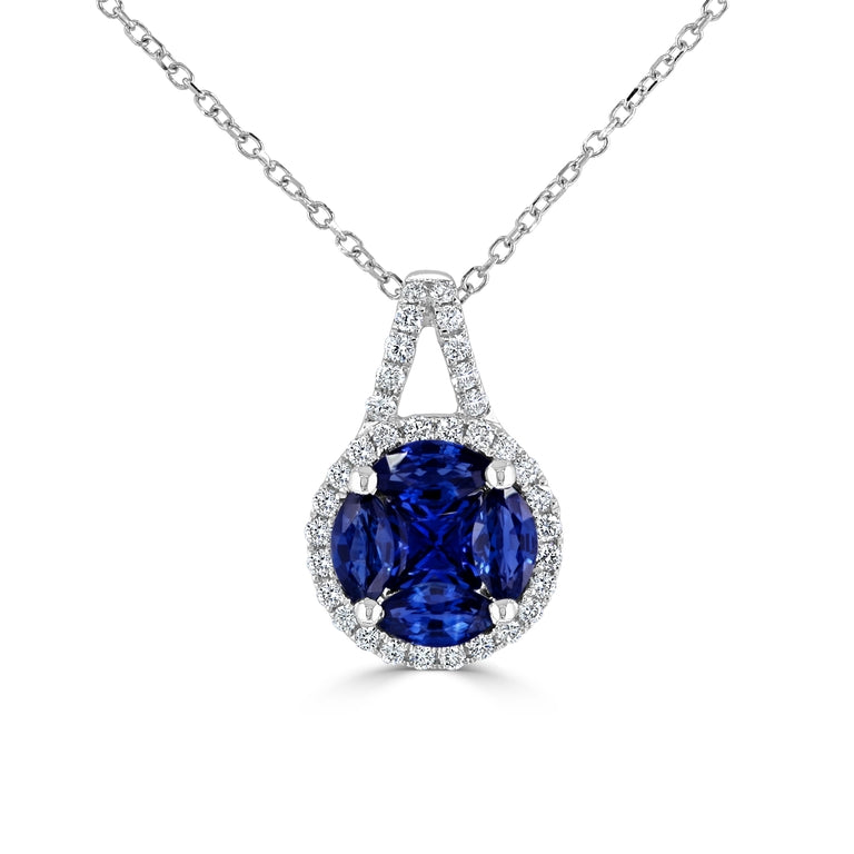 Round Sapphire Cluster Pendant with Diamond Halo
