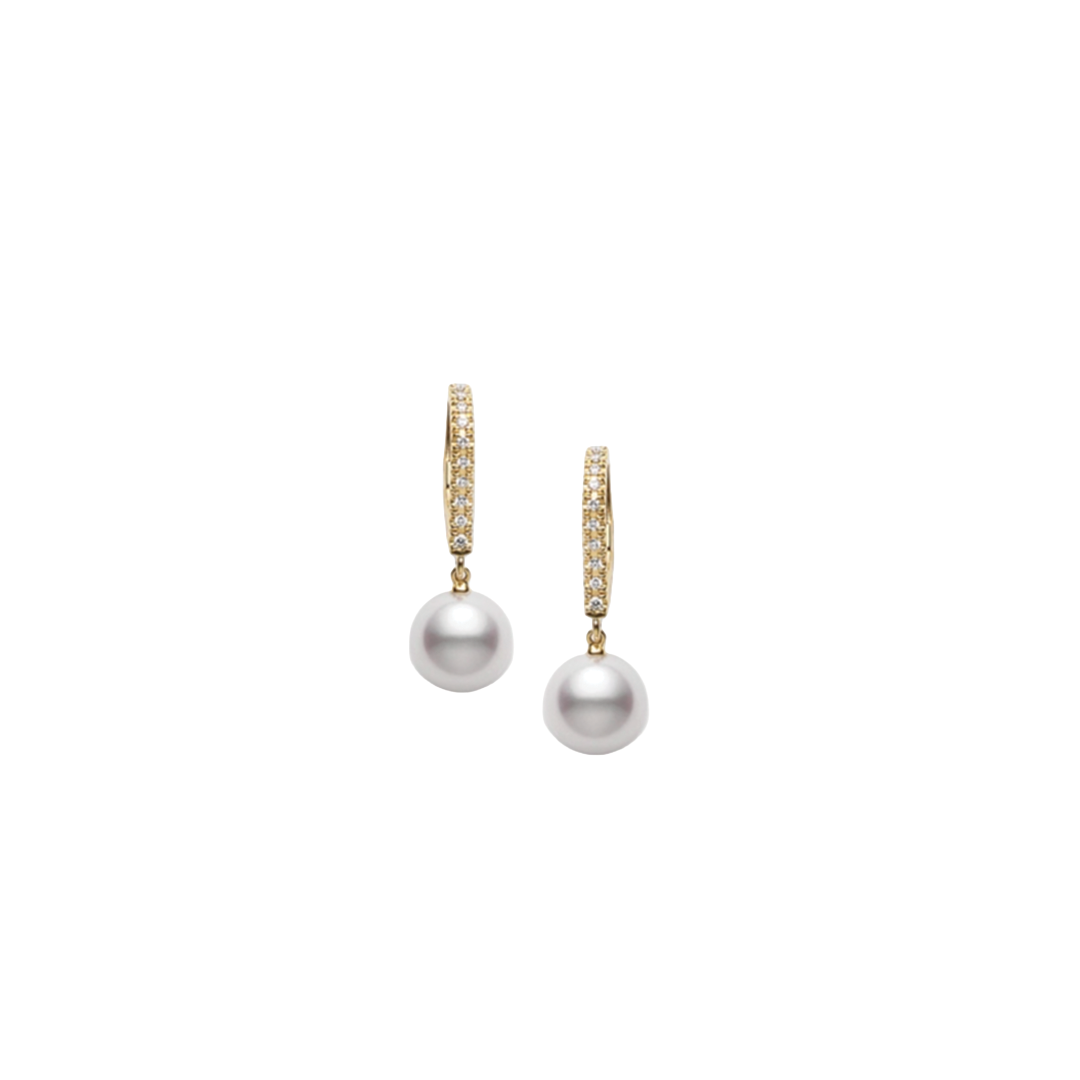 7.5mm Classic Elegance Akoya Pearl and Diamond Earrings in Yellow Gold
