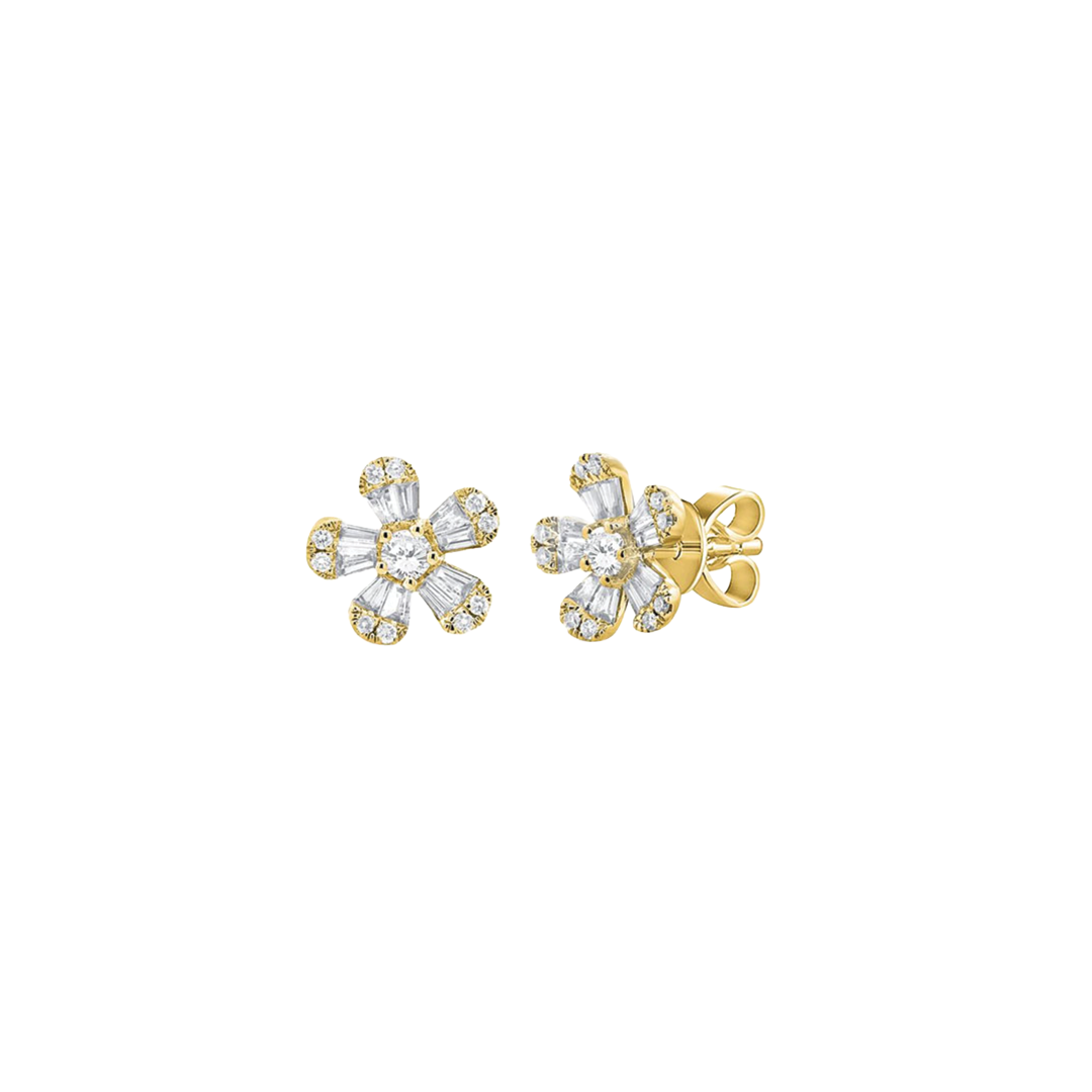 9.8mm Diamond Flower Stud Earrings in Yellow Gold, 0.81ctw
