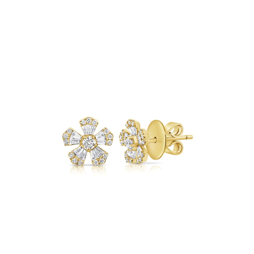 Round and Baguette Diamond Flower Studs in Yellow Gold