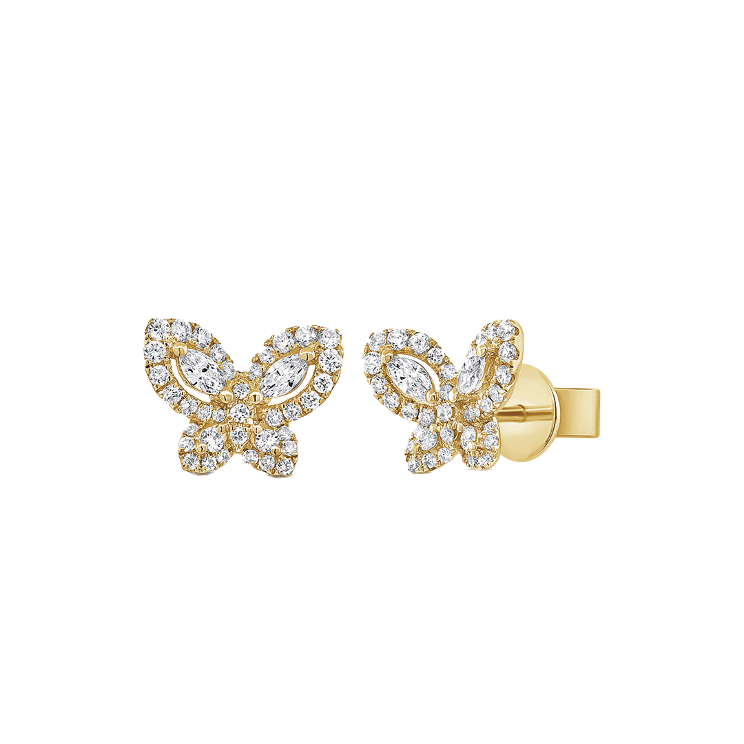 Butterfly Stud Earrings with Marquise and Round Cut Diamonds in 14K Yellow Gold