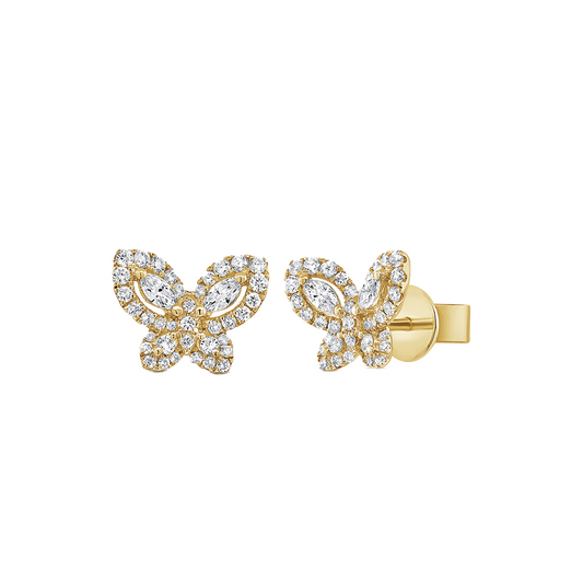 Butterfly Stud Earrings with Marquise and Round Cut Diamonds in 14K Yellow Gold