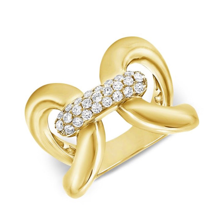 Wide Crossover Ring with Pave Diamonds and Ribbed Bands in 14K Yellow Gold