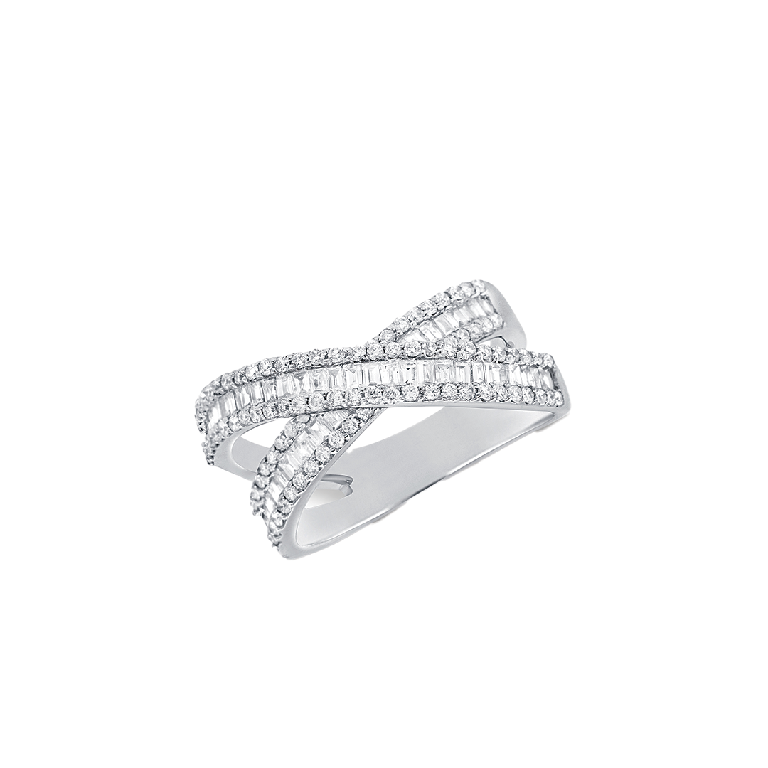 Baguette Diamond Crossover Ring with Round Diamond Edges