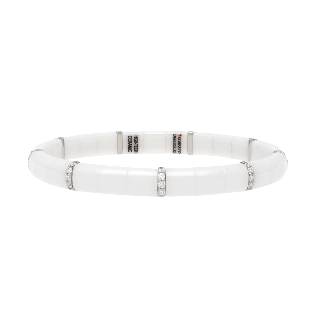 Pura Glossy White Ceramic Stretch Bracelet with Diamond Accents