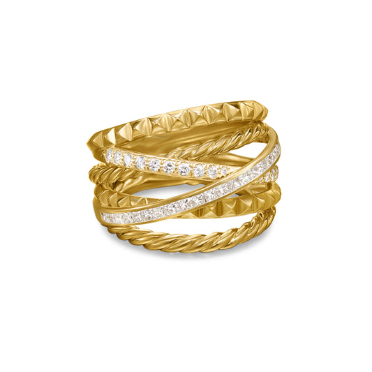 Crossover Trio Six Row Ring in 18K Yellow Gold with Diamonds, 17.5mm