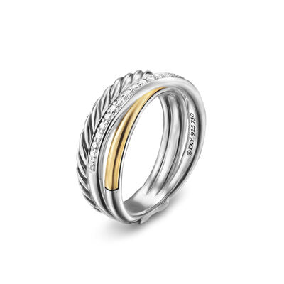 Crossover Three Row Ring in Sterling Silver with 18K Yellow Gold and Diamonds, 7mm
