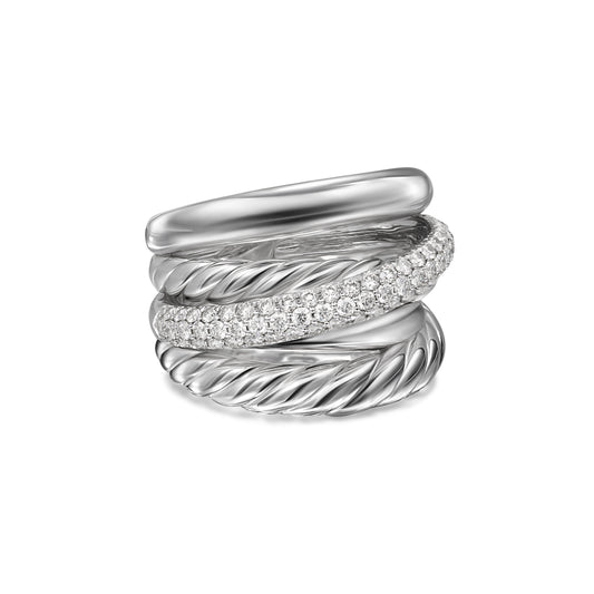 Crossover Five Row Ring in Sterling Silver with Diamonds, 17.5mm