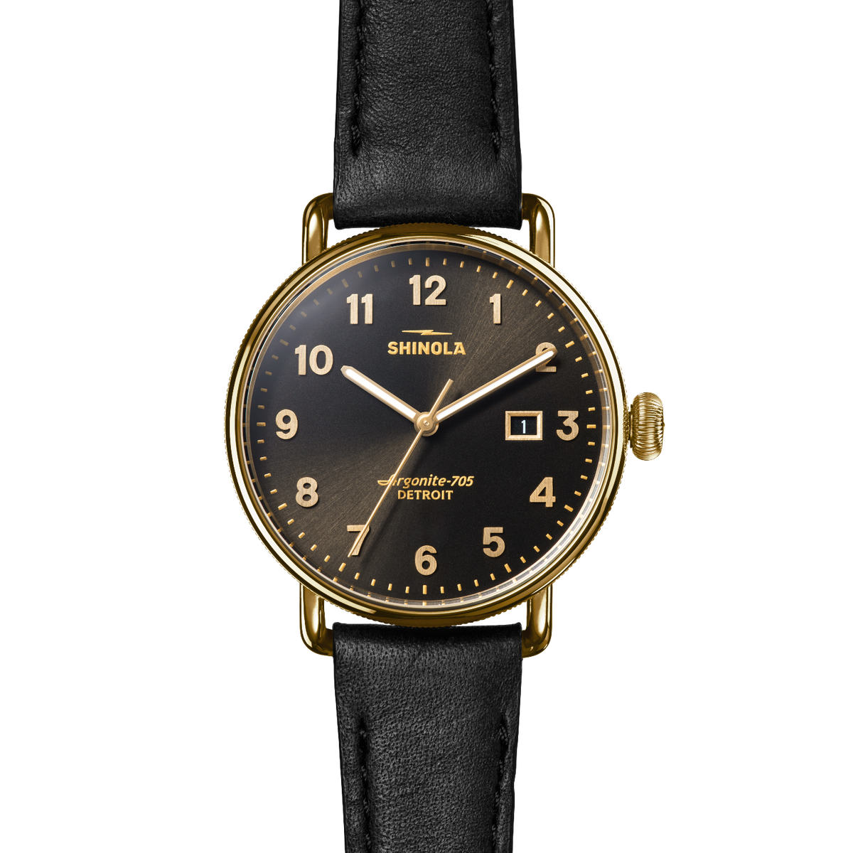 A Shinola wristwatch with a round gold-tone case, black dial, and black leather strap, shown against a plain white background.
