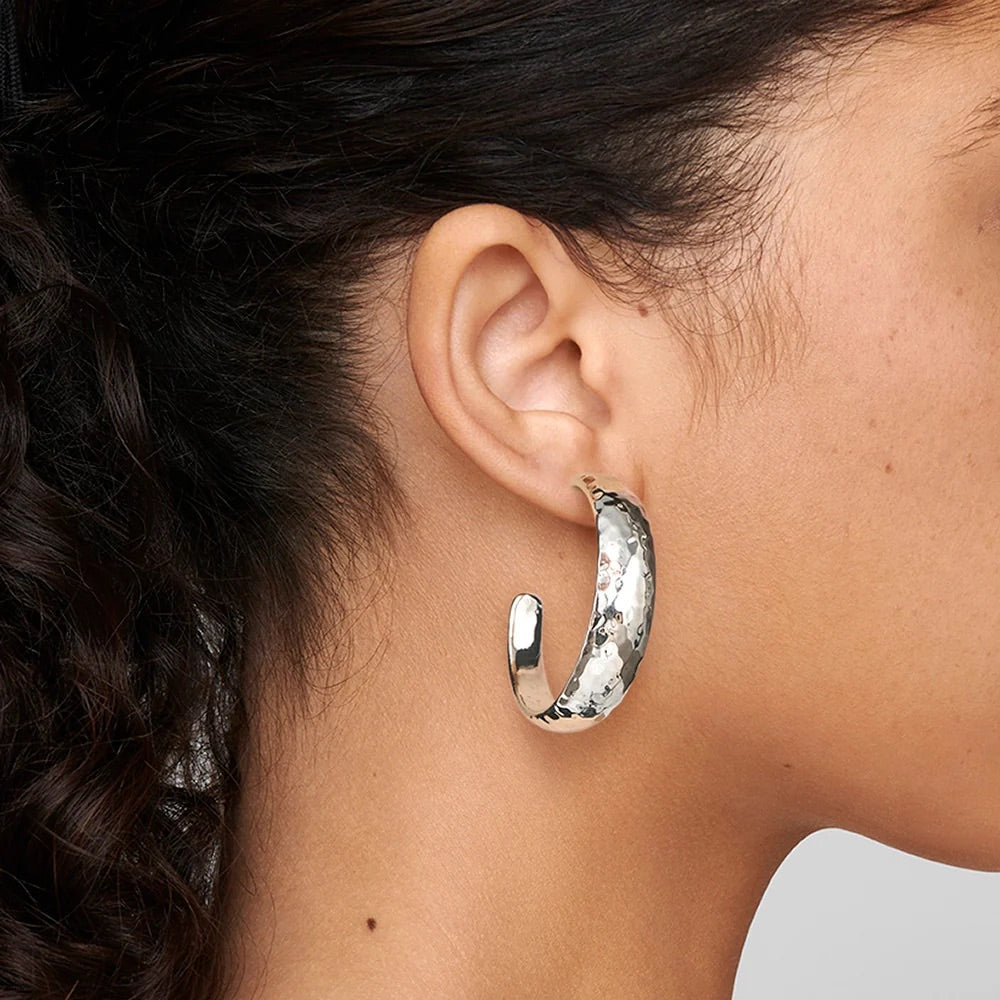 Silver Classico Medium Hammered Hoop Earrings with Tapered Ends
