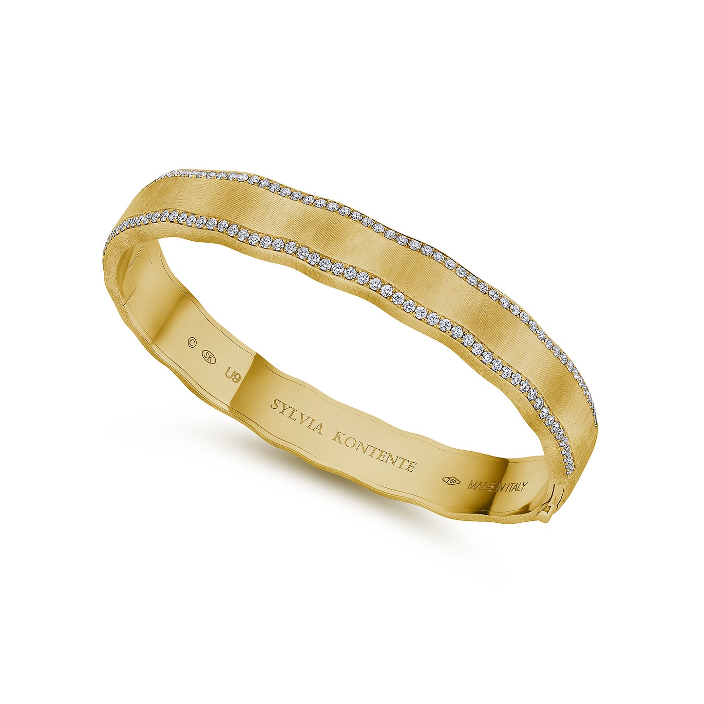 8mm Yellow Gold and Diamond Border Bracelet with Hand Engraved Finish