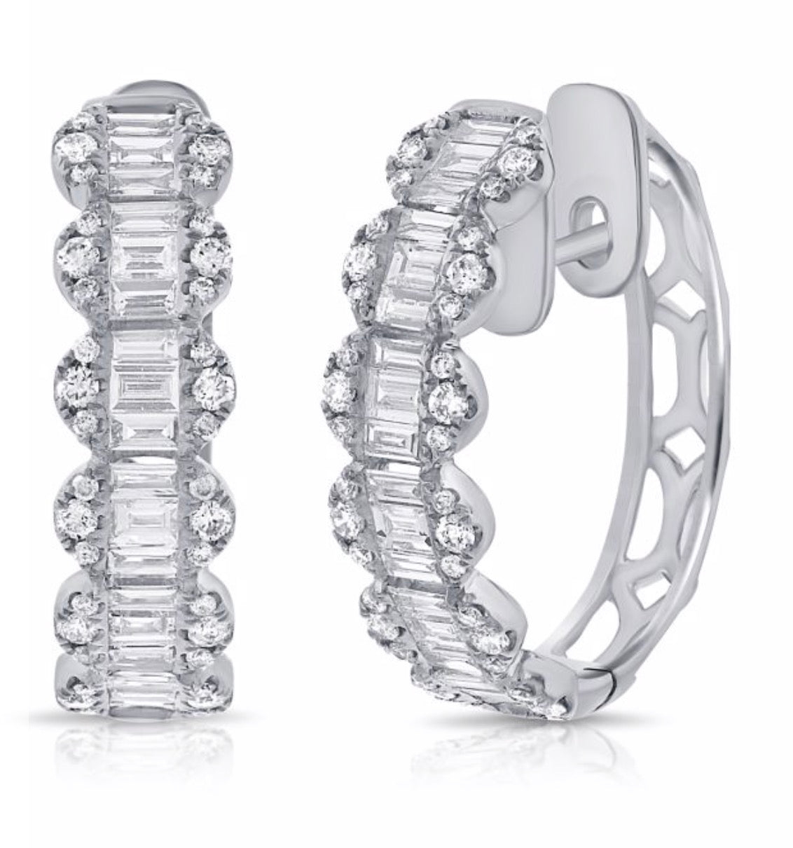 Hoop Earrings with Baguette and Round Brilliant Cut Diamonds