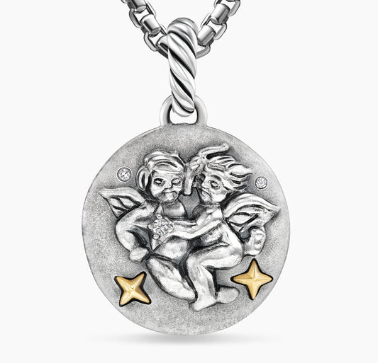 Gemini Amulet in Sterling Silver with 18K Yellow Gold and Diamonds, 19mm
