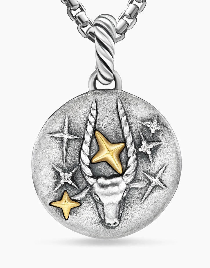 Capricorn Amulet in Sterling Silver with 18K Yellow Gold and Diamonds, 19mm