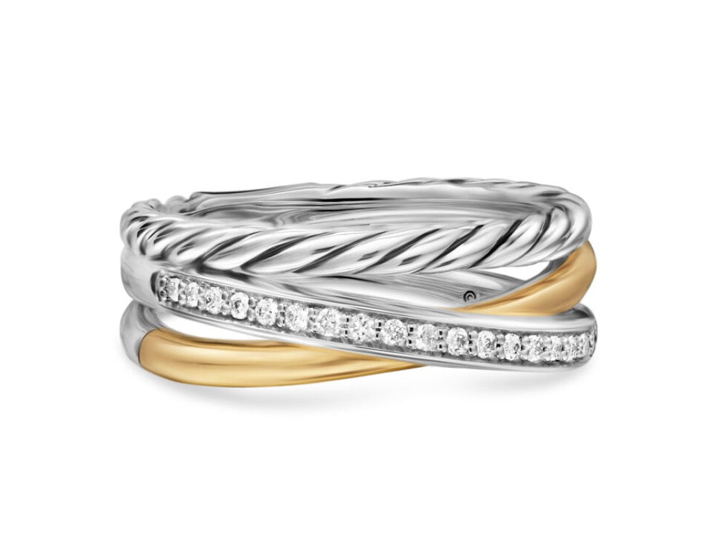 Crossover Three Row Ring in Sterling Silver with 18K Yellow Gold and Diamonds, 7mm