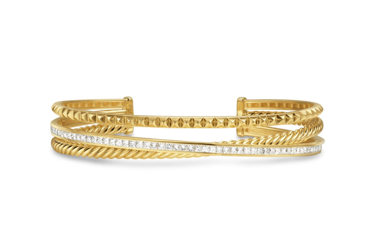 Crossover Trio Three Row Cuff Bracelet in 18K Yellow Gold with Diamonds, 11mm