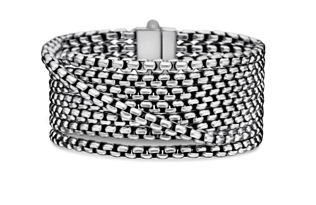 Box Chain Eight Row Bracelet in Sterling Silver, 28mm