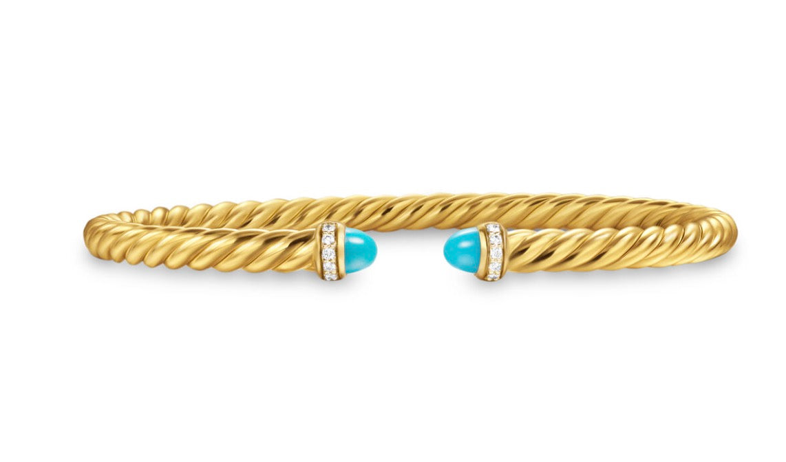 Cablespira Flex® Bracelet in 18K Yellow Gold with Turquoise and Diamonds, 4mm