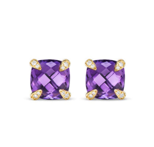 Chatelaine® Stud Earrings in 18K Yellow Gold with Amethyst and Diamonds, 8mm
