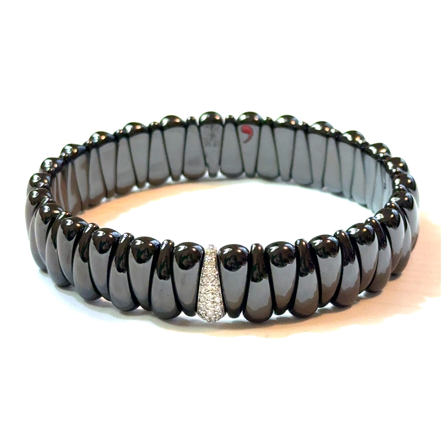 Artiglio Glossy Black Ceramic Stretch Bracelet with Diamond Section