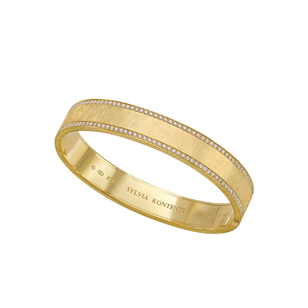10mm Yellow Gold and Diamond Border Bracelet with Hand Engraved Finish