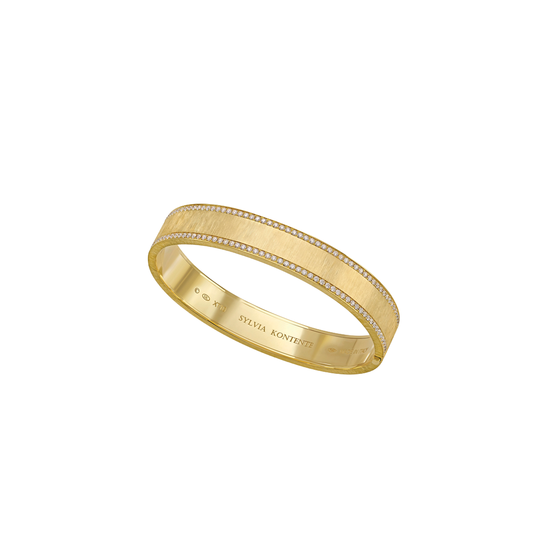 10mm Yellow Gold and Diamond Border Bracelet with Hand Engraved Finish