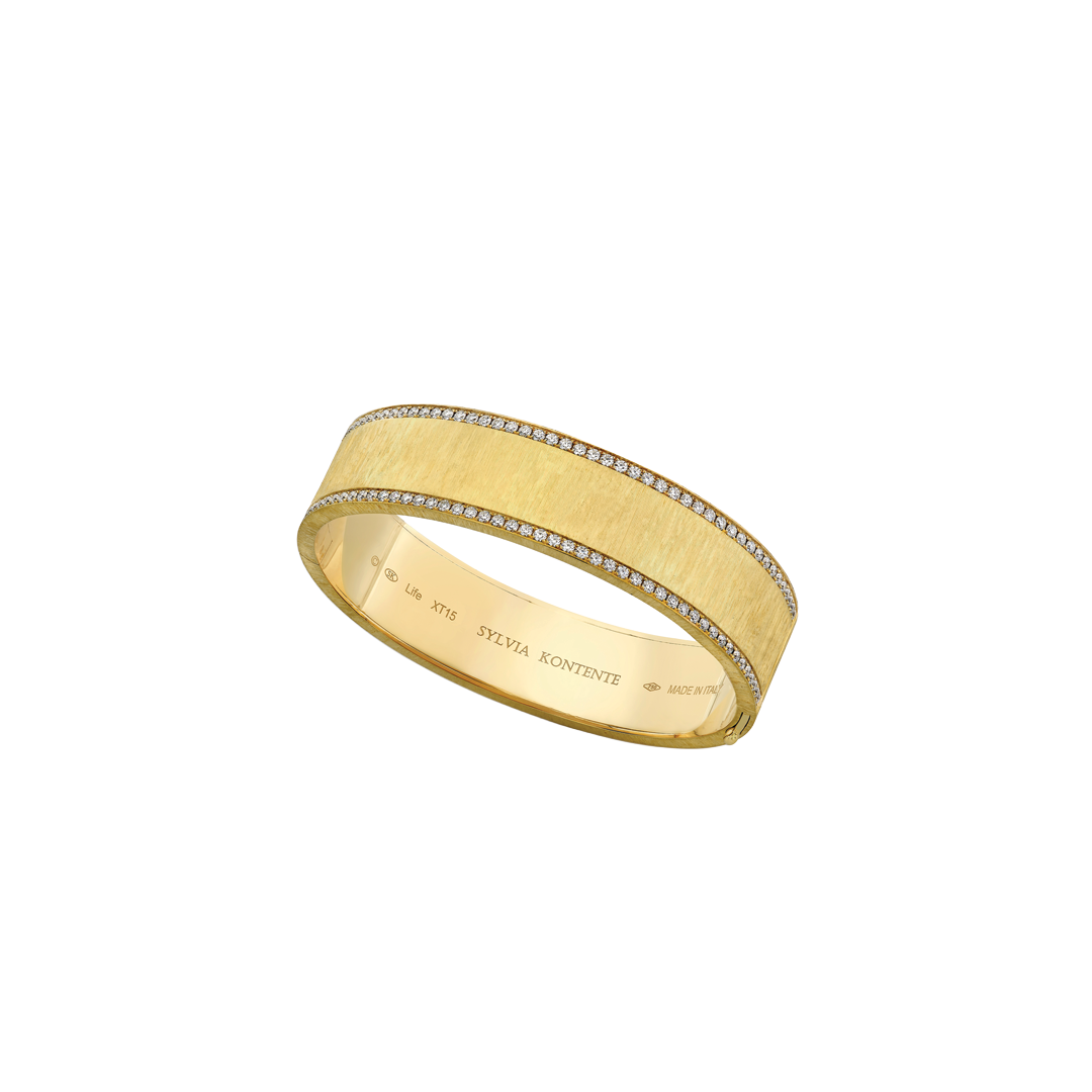 15mm Yellow Gold and Diamond Border Bracelet with Hand Engraved Finish