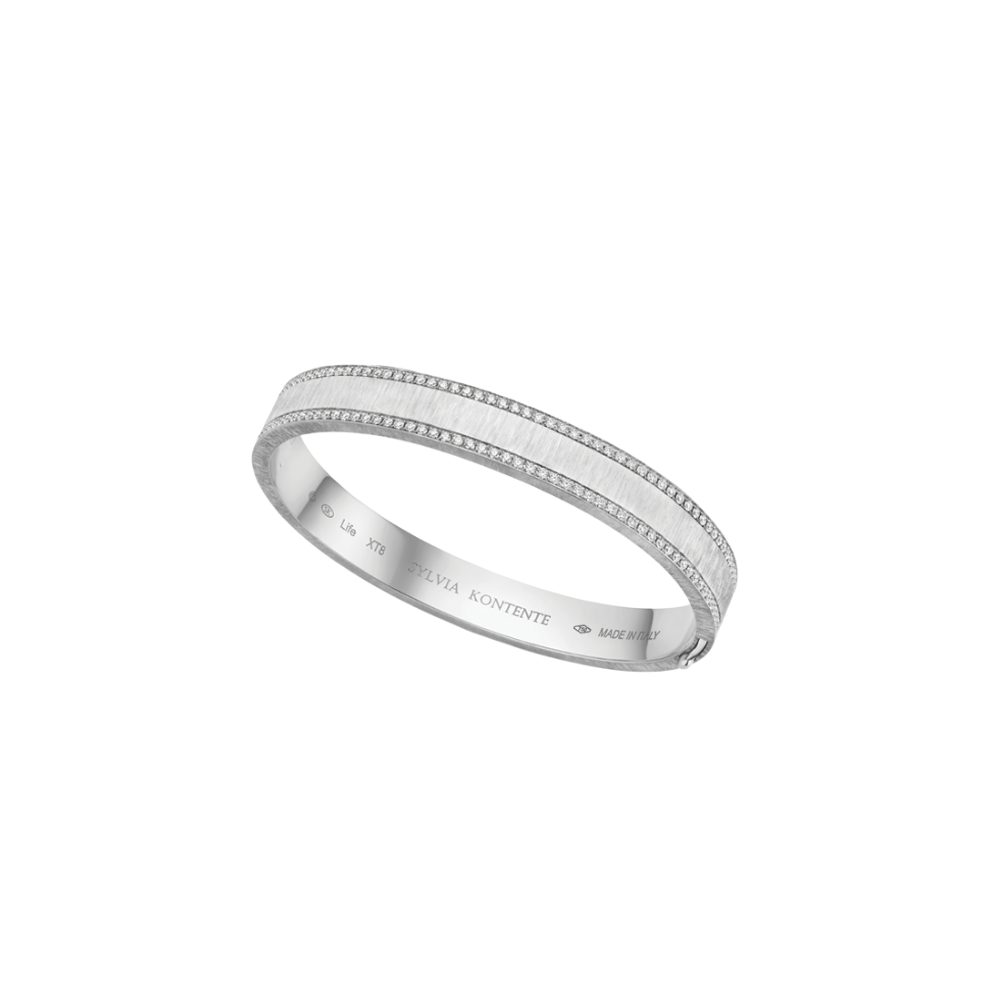 8mm White Gold and Diamond Border Bracelet with Hand Engraved Finish