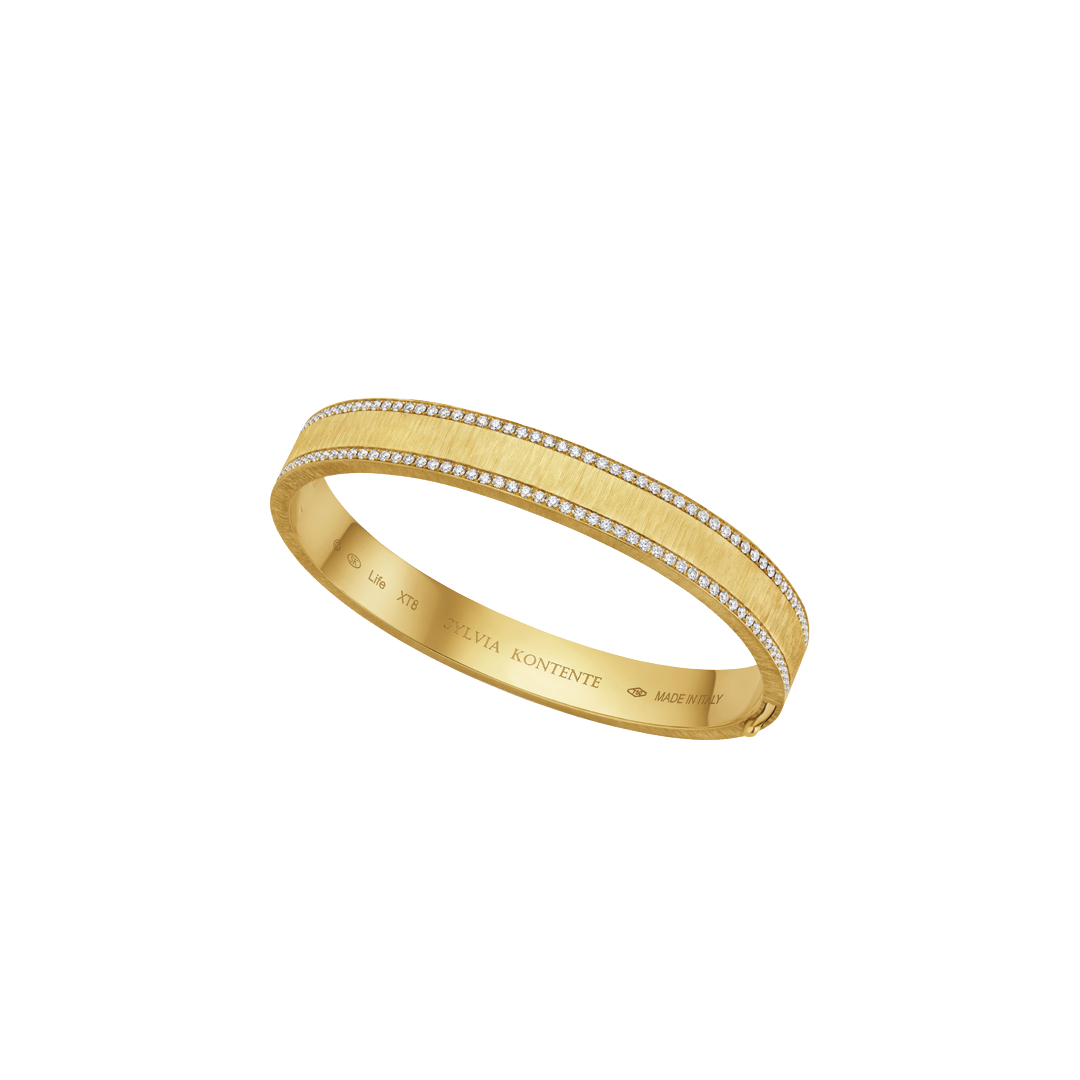 8mm Yellow Gold and Diamond Border Bracelet with Hand Engraved Finish