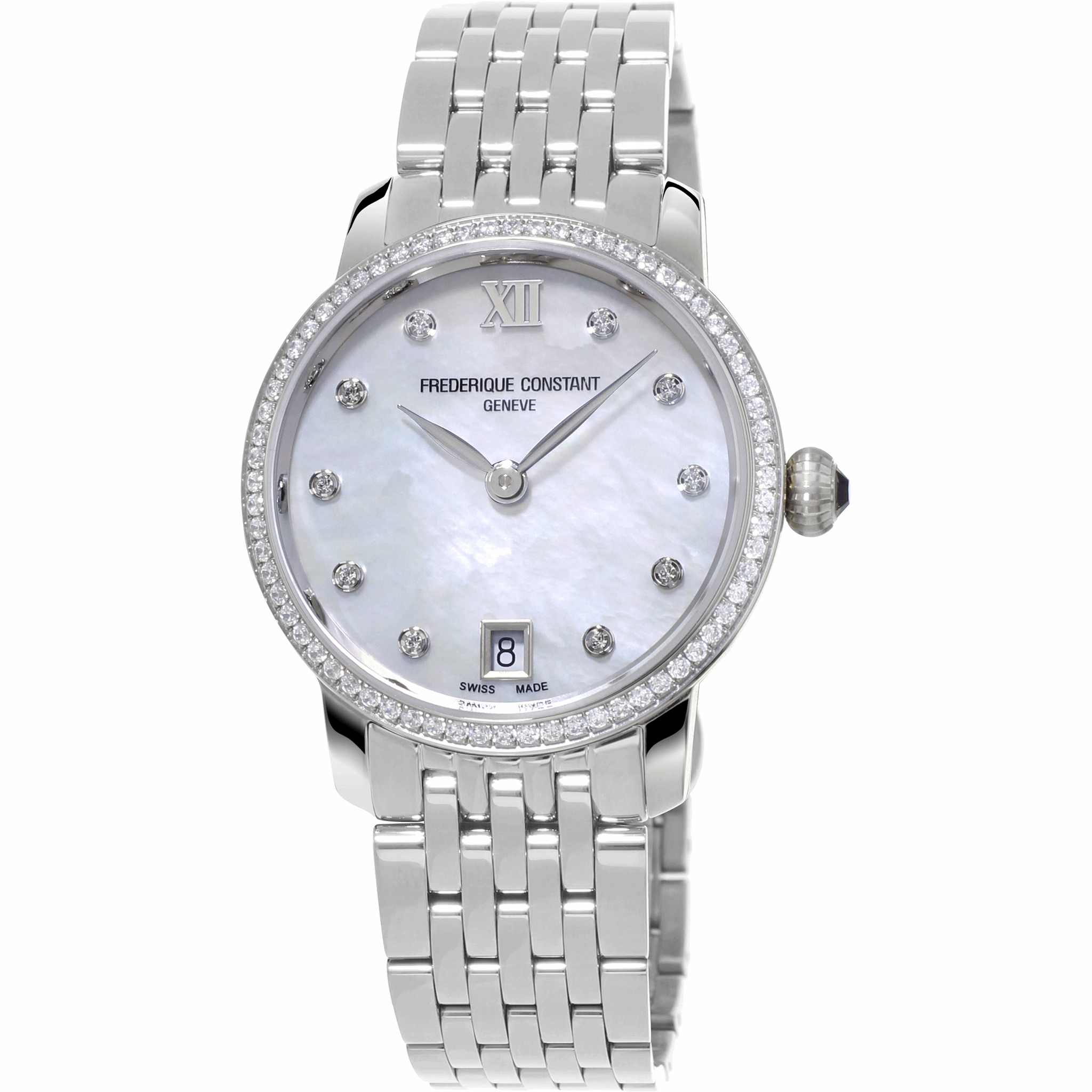 30mm Slimline Ladies Quartz Watch with White Mother of Pearl and Diamonds
