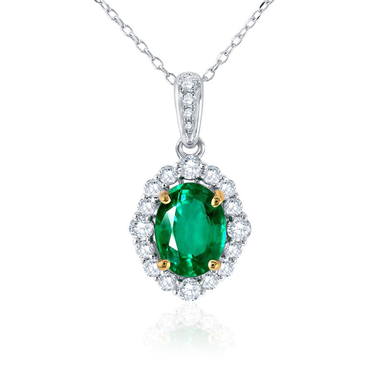 Emerald with Diamond Halo Pendant Necklace