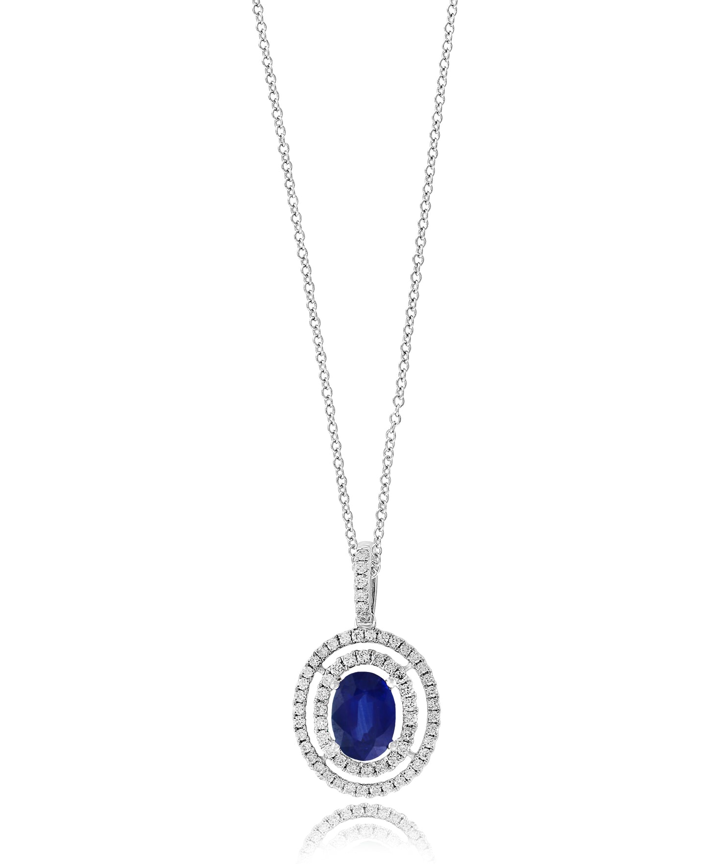 Oval Blue Sapphire Pendant Necklace with Double Diamond Halo and Bail