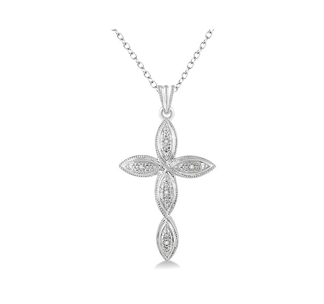 Milgrain Cross With Diamonds Necklace In  Sterling Silver