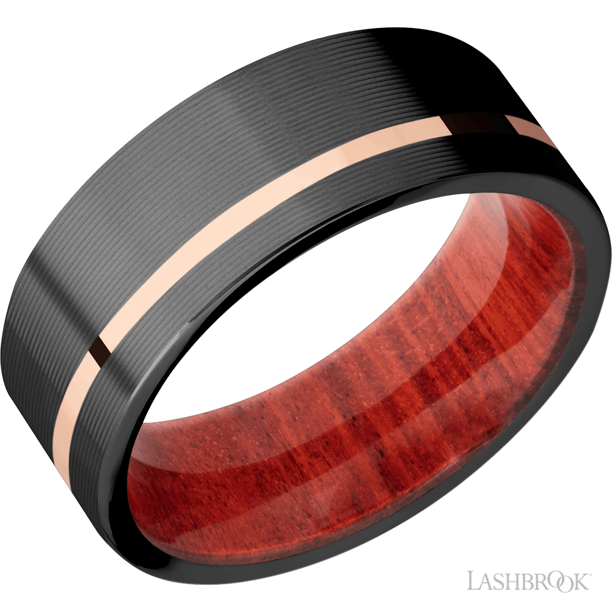 Zirconium Band With 14k Rose Gold Inlay And Red Heart Sleeve
