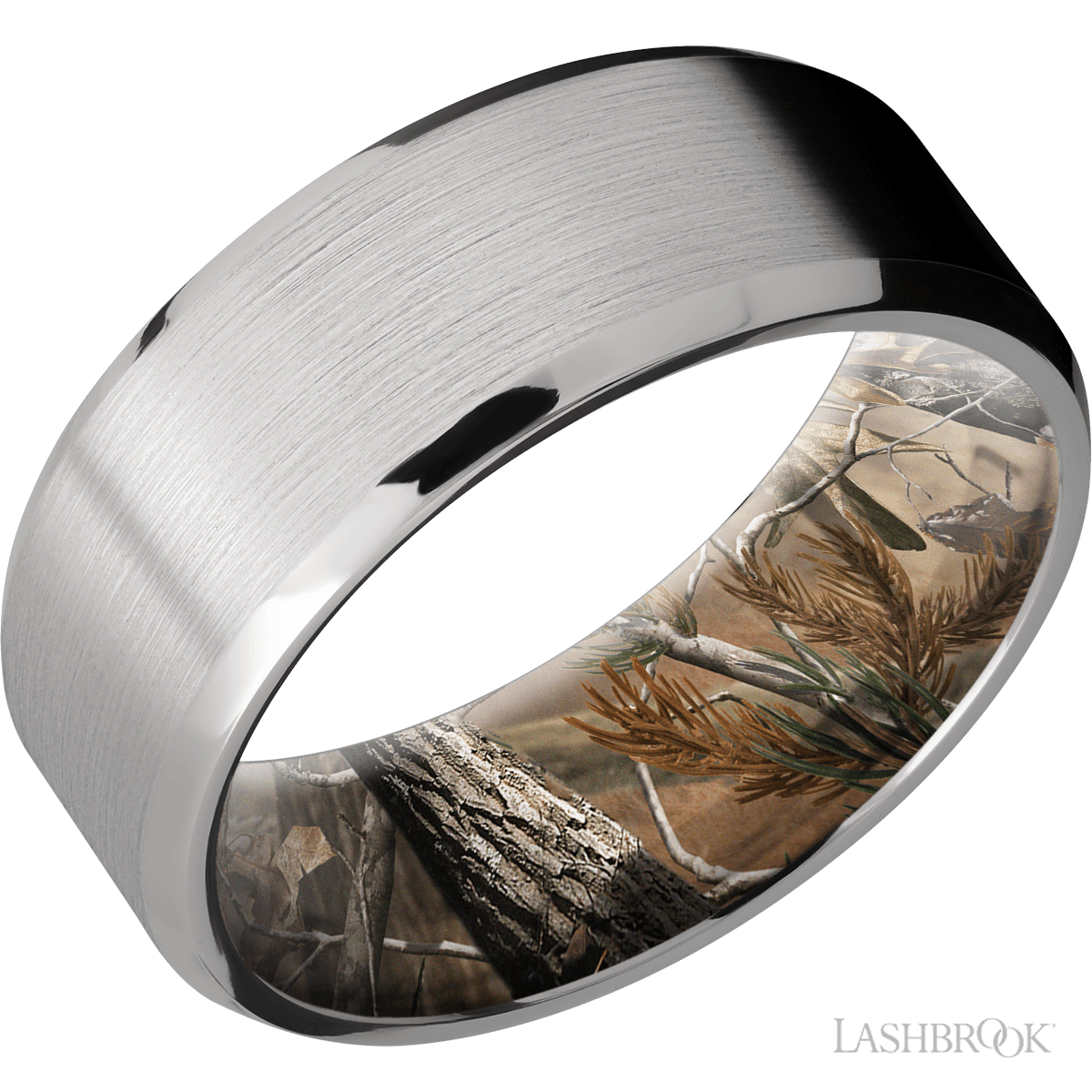 Titanium 8mm Flat Band With Polished Beveled Edges And A Realtree Camo Sleeve