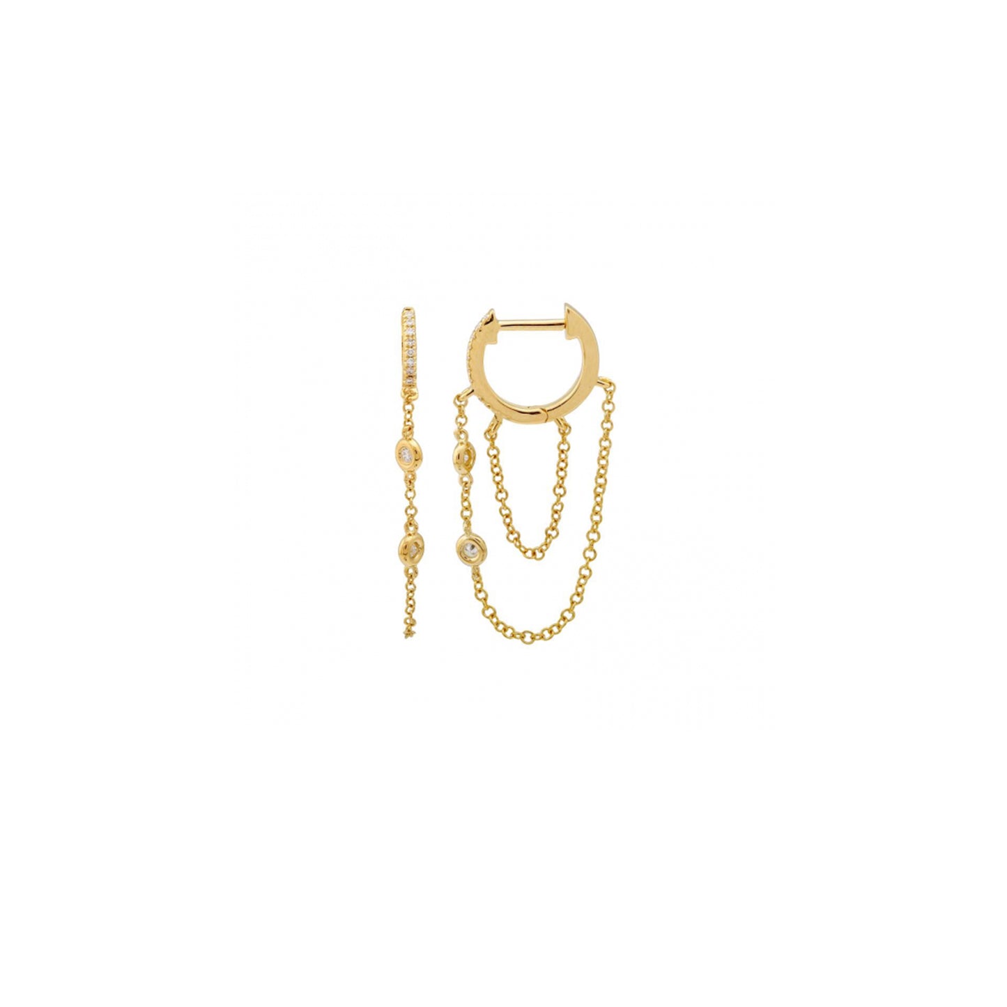Dangling Chain Pave Huggie Hoops in Yellow Gold