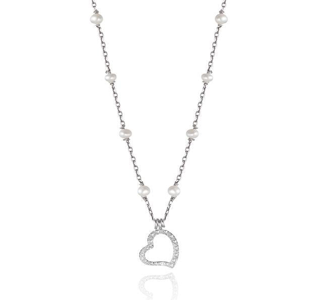 Silver Diamond Heart Pendant on Pearl Necklace
