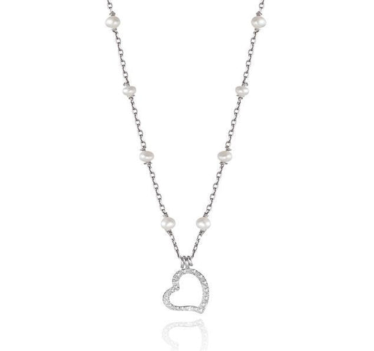 Silver Diamond Heart Pendant on Pearl Necklace