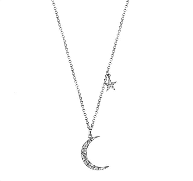 Moon & Star Necklace in White Gold