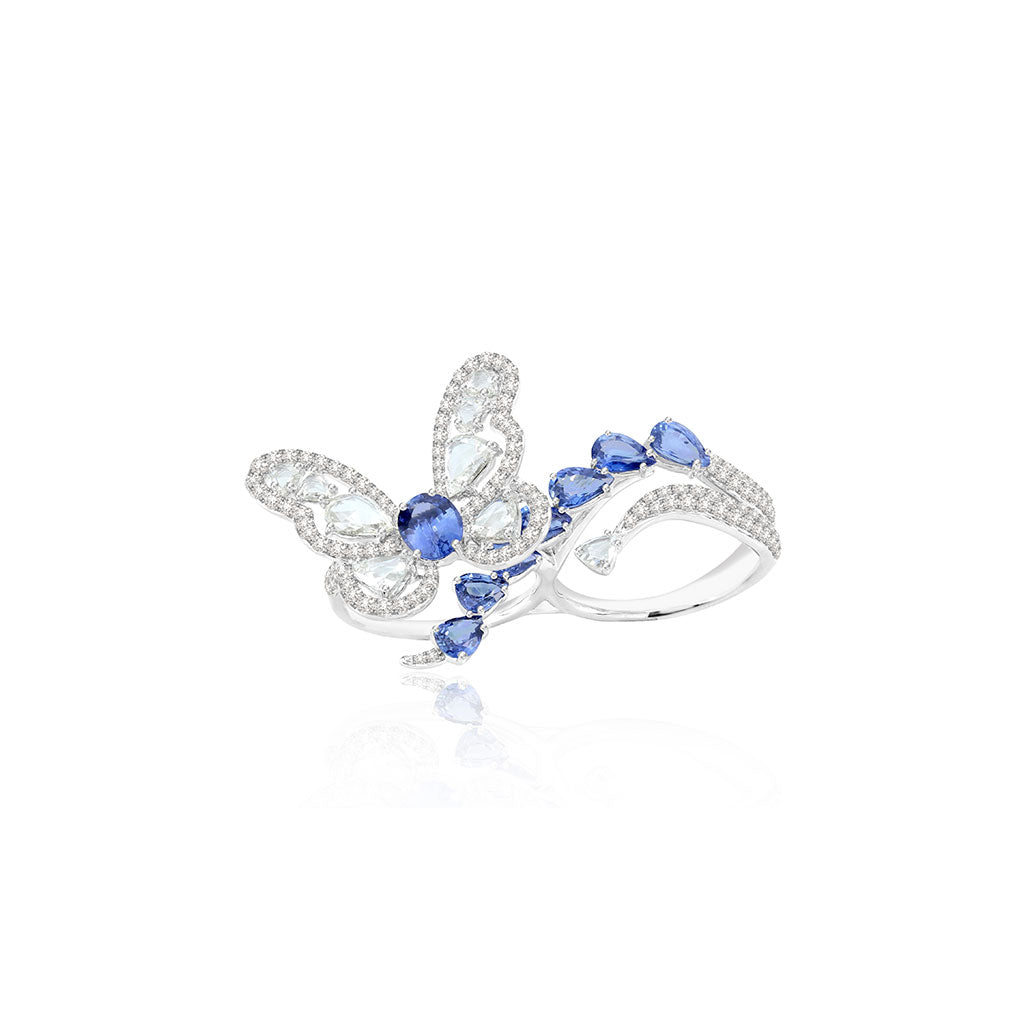 Double Ring with Blue Sapphire & White Diamond Butterfly