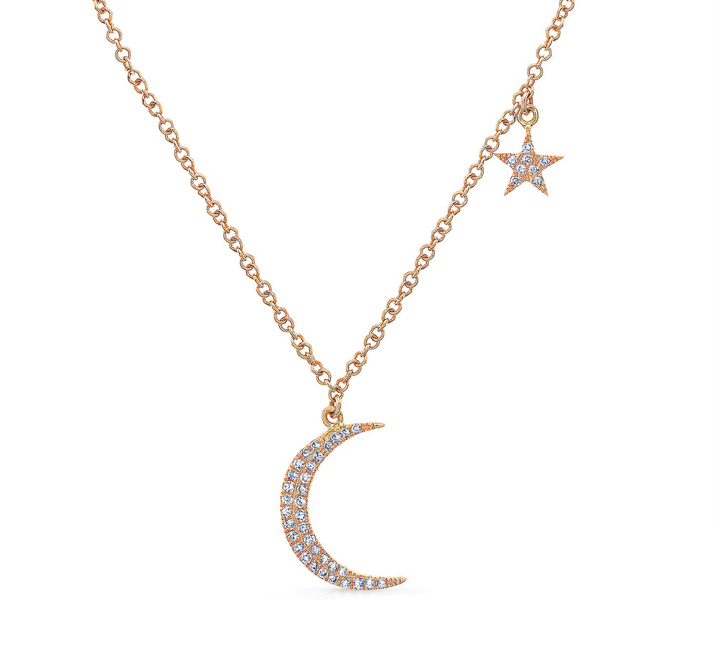 Moon & Star Necklace with Diamonds in Rose Gold
