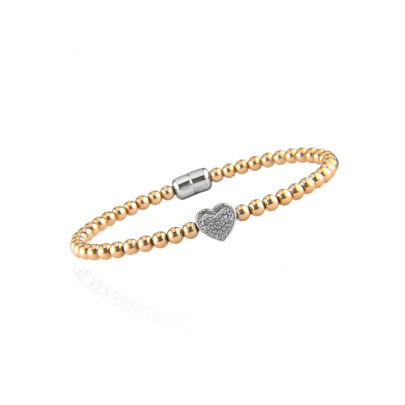 Beaded Bangle Bracelet with Diamond Heart in Rose Gold Vermeil