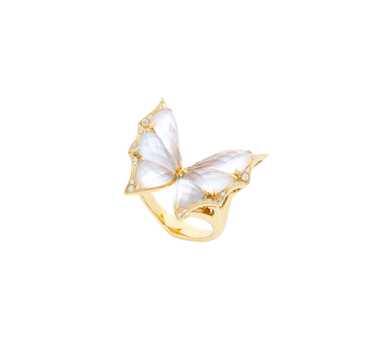 Fly by Night Small Crystal Haze Ring in Mother of Pearl & Quartz Crystal