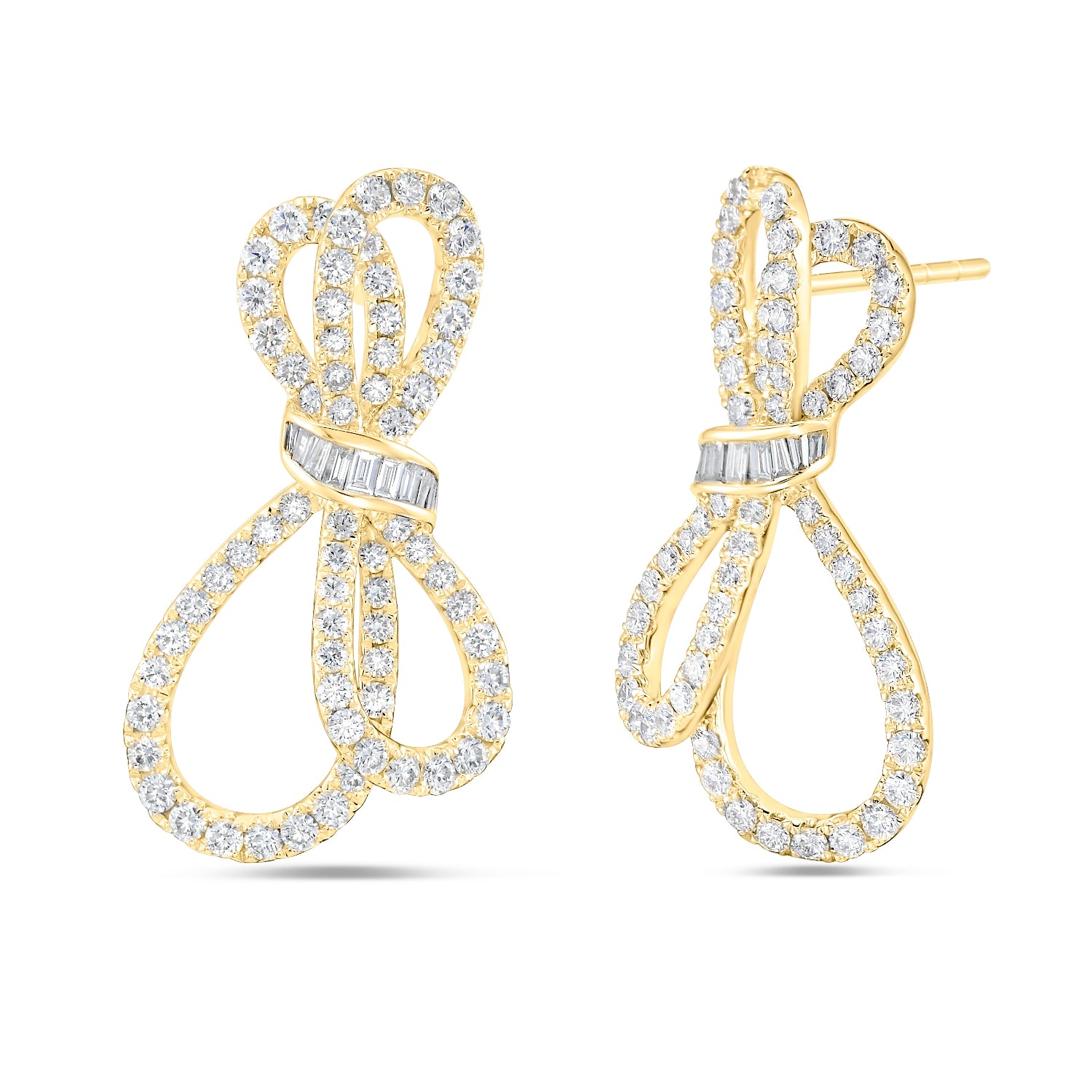 A pair of gold and diamond stud earrings with a bow-like top and teardrop-shaped lower loops, shown on a clean white background.