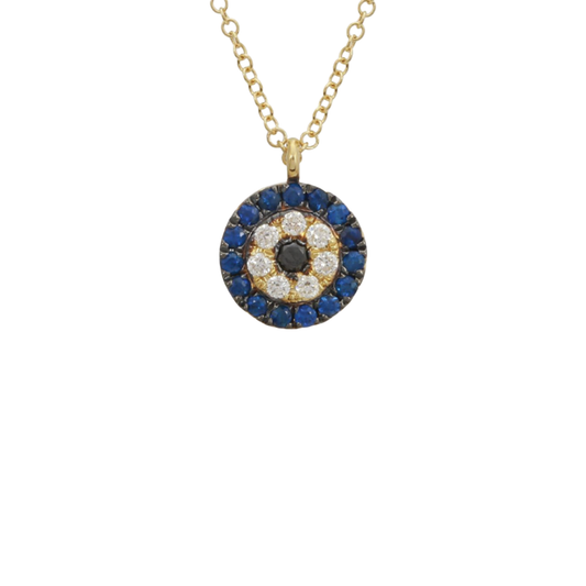 Evil Eye Pendant Necklace with Blue Sapphire and Diamonds in 14K Yellow Gold