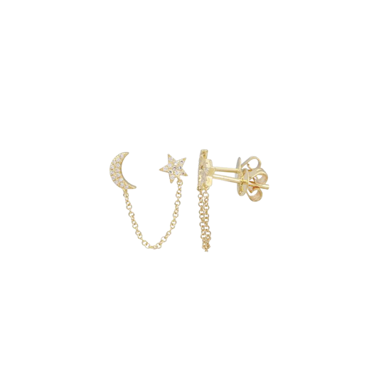 Moon and Star Double Stud Chain Earrings
