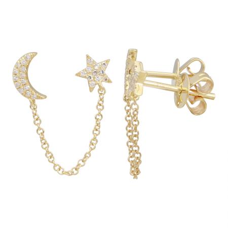 Moon and Star Double Stud Chain Earrings