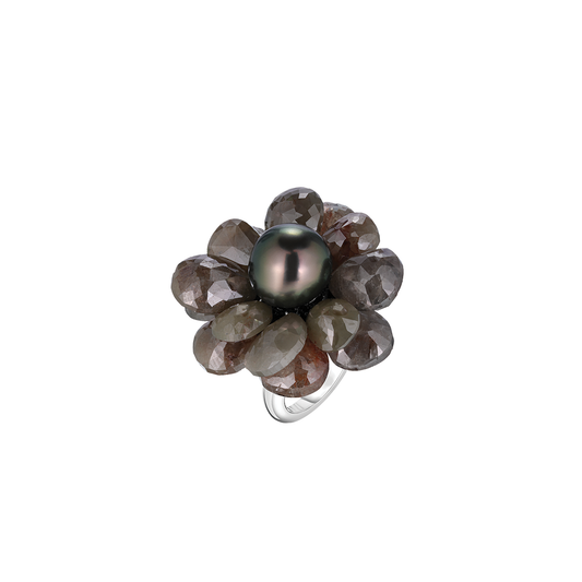 Flower Ring with Tahitian Pearl Center and Black Diamonds