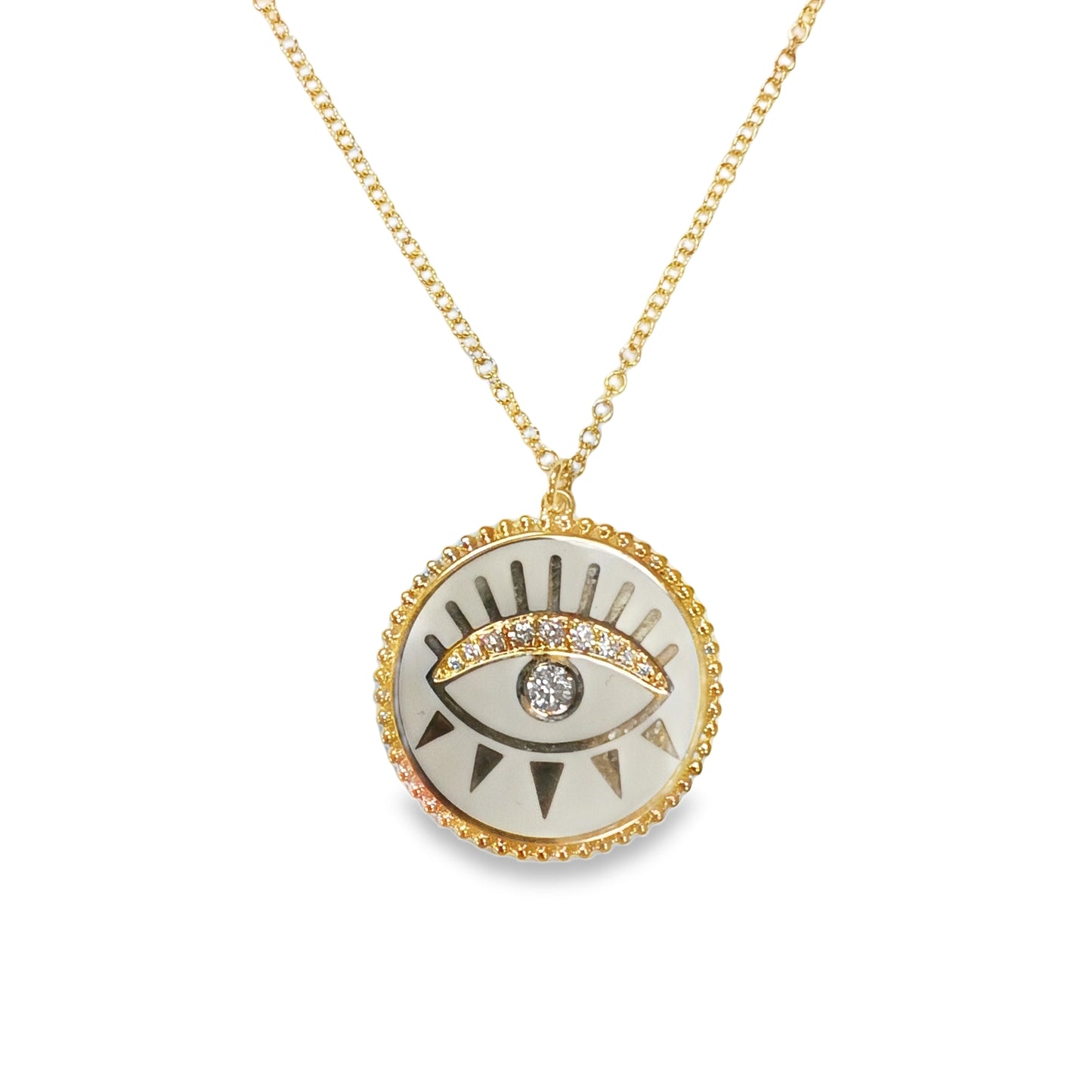 White Enamel and Diamond Evil Eye Necklace