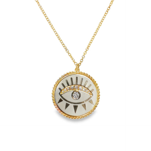 White Enamel and Diamond Evil Eye Necklace